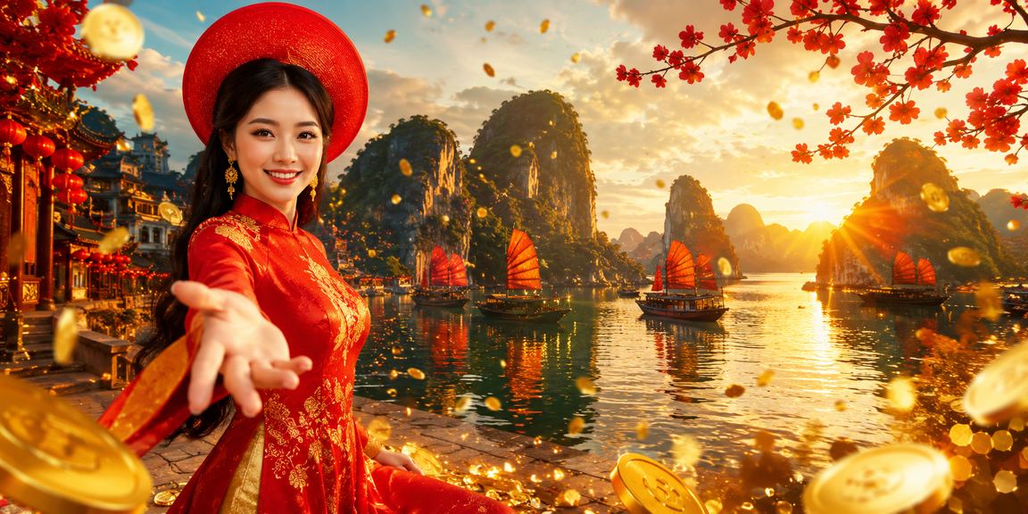 Cảnh Vịnh Hạ Long với không khí lễ Tết và người chơi casino online trên điện thoại