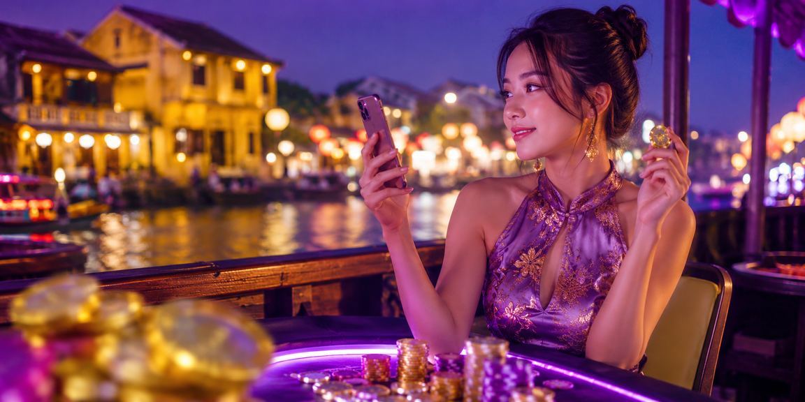Không khí trò chơi bài neon về đêm tại phố cổ Hội An với màu sắc rực rỡ
